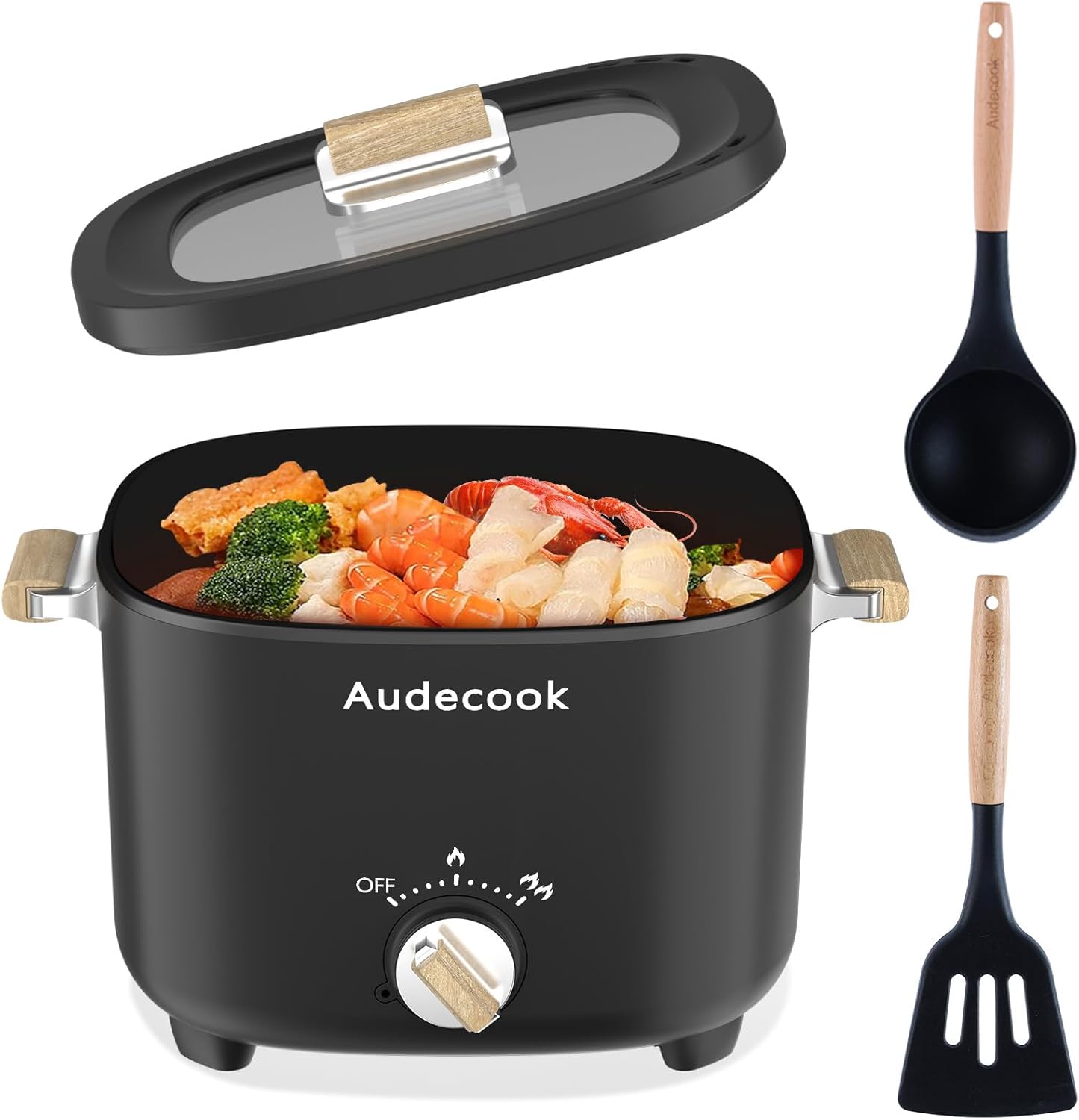 Audecook Hot Pot Electric, 2.5L Portable Nonstick Multicooker for 1-3 Persons, Honeycomb Texture Travel Electric Skillet with Dual Power Temperature Control for Steak\/Egg\/Noodles\/Oatmeal (Black)