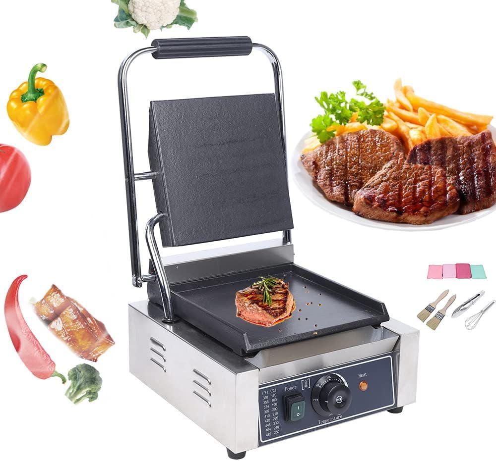 Commercial Single Panini Press, w/Temperature Adjustable & Non-stick Surface Electric Sandwich Panini Maker, Sandwich Steak Machine Full Slot Plate for Hamburgers, Steaks, Bacon(Silver,110V 1800W) ﻿