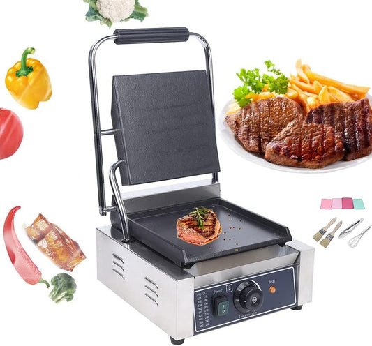 Commercial Single Panini Press, w/Temperature Adjustable & Non-stick Surface Electric Sandwich Panini Maker, Sandwich Steak Machine Full Slot Plate for Hamburgers, Steaks, Bacon(Silver,110V 1800W) ﻿