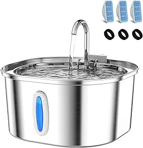 PEKTACO Stainless Steel Cat Water Fountain, 3.2L/108oz Cat Water Dispenser with Quiet Water Pump and Water-Level Window, Dishwasher Safe Pet Drinking Fountain for Cats with 3 Filters + 3 Sponges