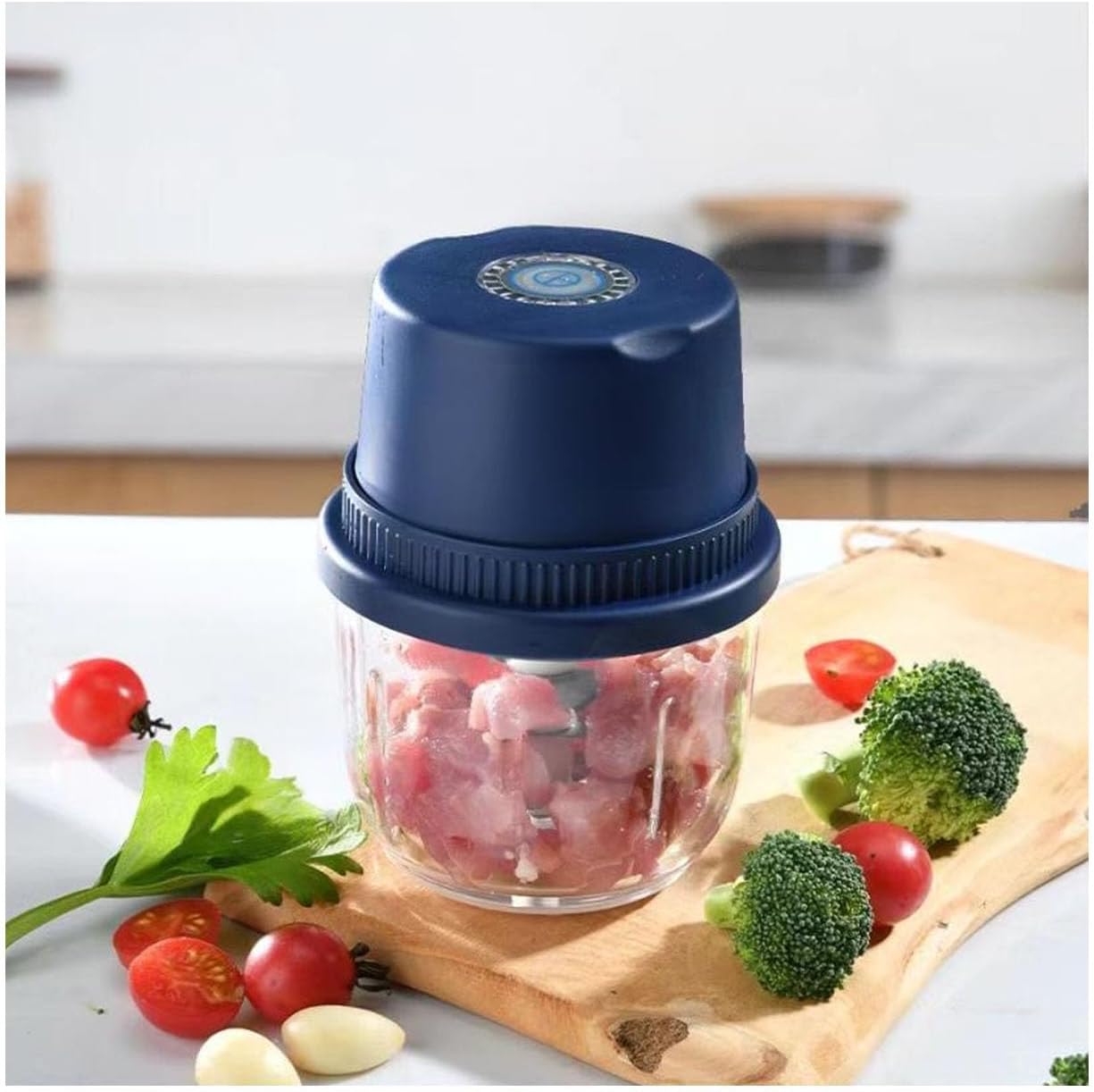 NJDQFA Food Processor, Meat Grinder with Glass Bowl, Electric Food Chopper, 350ML, Vegetables Chopper with 6 Stainless Steel Blades, for Kitchen, Restaurant, Camping,Blue
