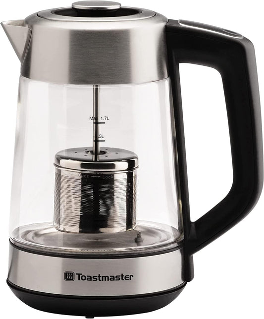 Toastmaster Electric Glass Kettle by Select Brands - Comes with Color Changing LED Indicators & Stainless Steel Tea Infuser - Cordless Hot Water Kettle with 7 Preset Temperatures - 1.7 Liters