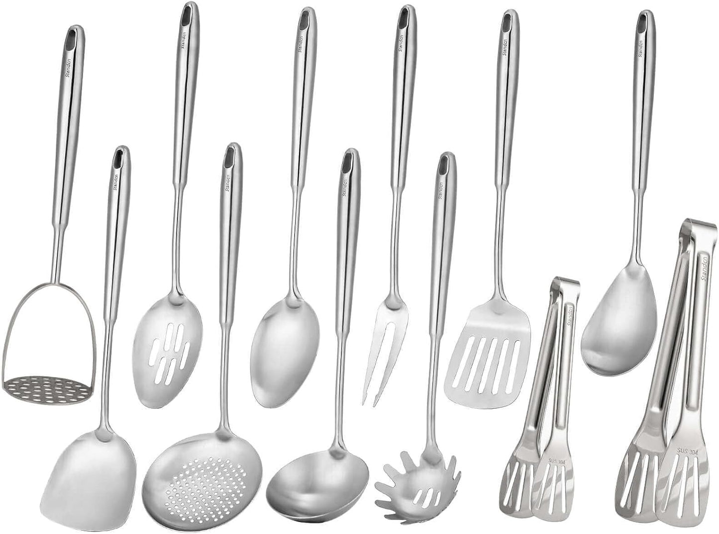 18\/10 Stainless Steel Kitchen Utensils Set - 12 PCS All Metal Cooking Tools & 15\u2033 Serving Utensils - Potato Masher, Meat Fork, Tongs, Turner, Pasta, Serving Spoon, Skimmer, Ladle, Spatula Spoon Set