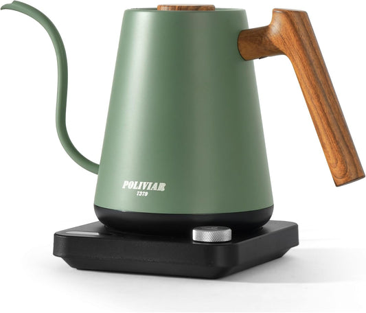 POLIVIAR Electric Gooseneck Kettle, 1350W Electric Tea Kettle Wood Pattern Handle, 34oz Pour Over Electric Kettle for Coffee & Tea, 18\/8 Stainless Steel Inner, Temperature Control & Rapid Heating