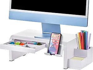 Bostitch Konnect Adjustable Monitor Riser with Drawer, Cell Phone Stand & Pencil Holder, Laptop Stand for Desk, 4 Height Levels, Cable Management & Rubber Feet
