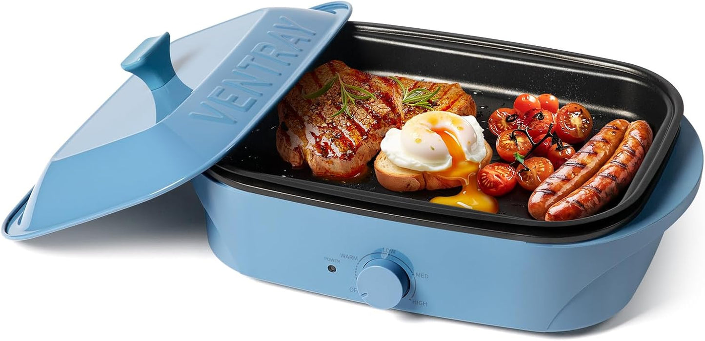 Ventray Electric Skillet Compact Tabletop BBQ Grill with Removable Stir Frying Griddle Pan and Lid, Electric Indoor Grill with Non-Stick Cooking Surface Adjustable Temperature - Blue