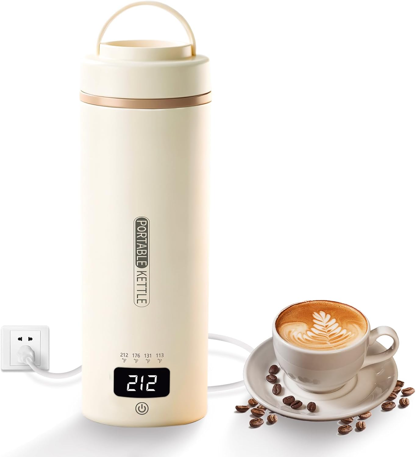 Travel Mini Kettle Portable Electric Kettle with Plug-in Boiling & Keeps Warm via USB, Small Water Boiler with 4 Temperature Settings, 304 Stainless Steel with Auto Shut-off 16oz(Beige)
