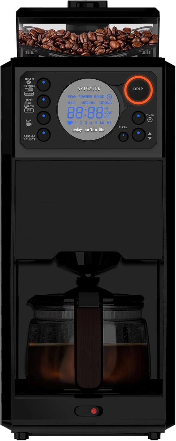 Programmable 5 Cup Coffee Maker with Grinder Built In, Automatic Drip Coffee Machine with Timer, Removable Tank, Glass Carafe and Hot Plate, for Home Dorm and Office, Matt Black