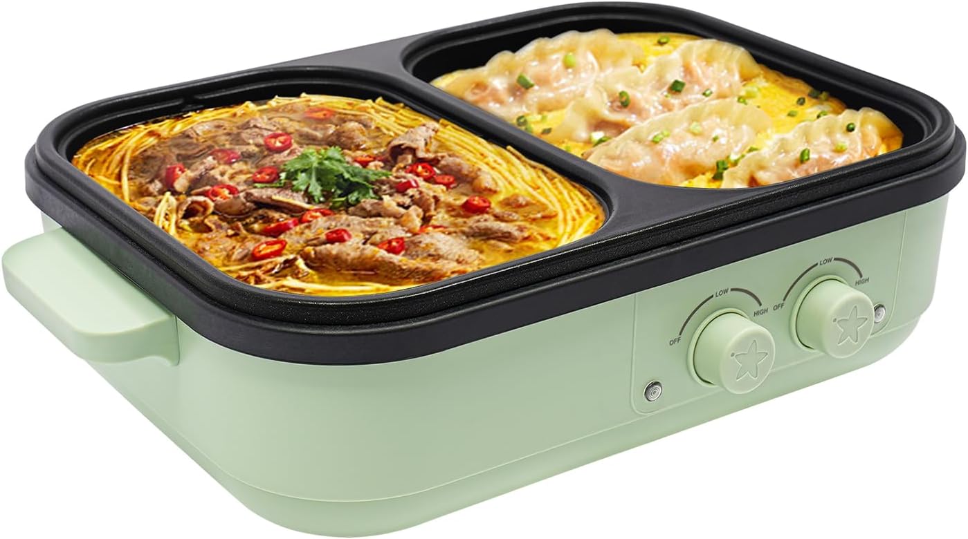 Electric Hot Pot with Grill, 2-in-1 1300W Non-Stick Pot - Dual Temperature Control, Lightweight & Compact, Fast Heating for Korean BBQ, Frying, Grilling Steak (Green)