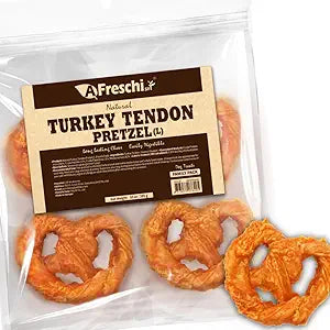 A Freschi srl Turkey Tendons for Dogs, USA-Sourced, Healthy Dog Treats, Rawhide-Free Puppy Chews, Long Lasting, All Natural, Hypoallergenic Dog Treats for Large Breeds, 10 oz Pack Pretzel (L)