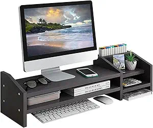 Computer Monitor Riser, 2 Tier Wooden Stand With Two Layer Storage Rack, Black Desktop Organizer for PC/Laptop, Home & Office
