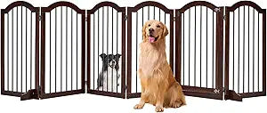 PrimeZone 144" Extra Wide Dog Gate - 6-Panel 30" Tall Solid Acacia Wooden Freestanding Puppy Gates with Door, Foldable Indoor Pet Fence for Doorways, Stairs, Support Feet Included, Brown