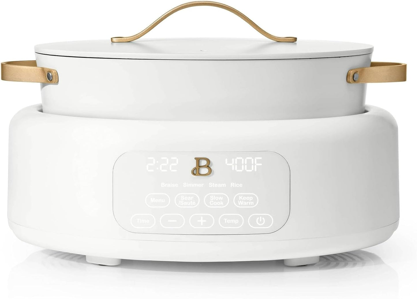 Beautiful 10-in-1 6Qt Electric Multi-Cooker by Drew Barrymore \u2013 Programmable, Steamer, Rice Cooker, Oven-Safe Cast Aluminum Pot, Touchscreen Display (White Icing)