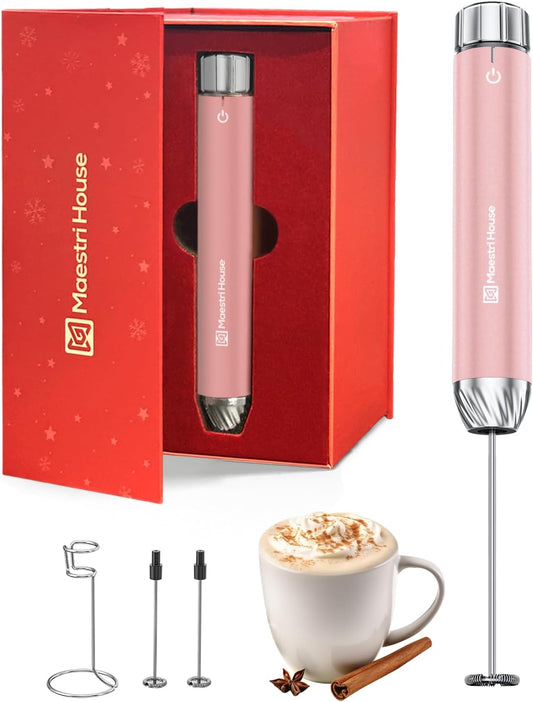 Maestri House LunaFro Max Rechargeable Milk Frother with Stepless Speed Control, Handheld Electric Foam Maker with Stand and Detachable Whisks for Lattes, Ideal Christmas Gift, Dusty Rose