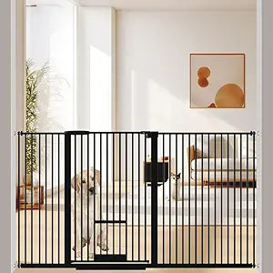 40.55" Tall 1.37" Ultra Narrow Spacing Dogs Pets Baby Gate with Door for Doorway Cat Safety Proof Indoor 57.68-73.43" Extra Wide Puppy Pressure Mounted Black Metal Hallway