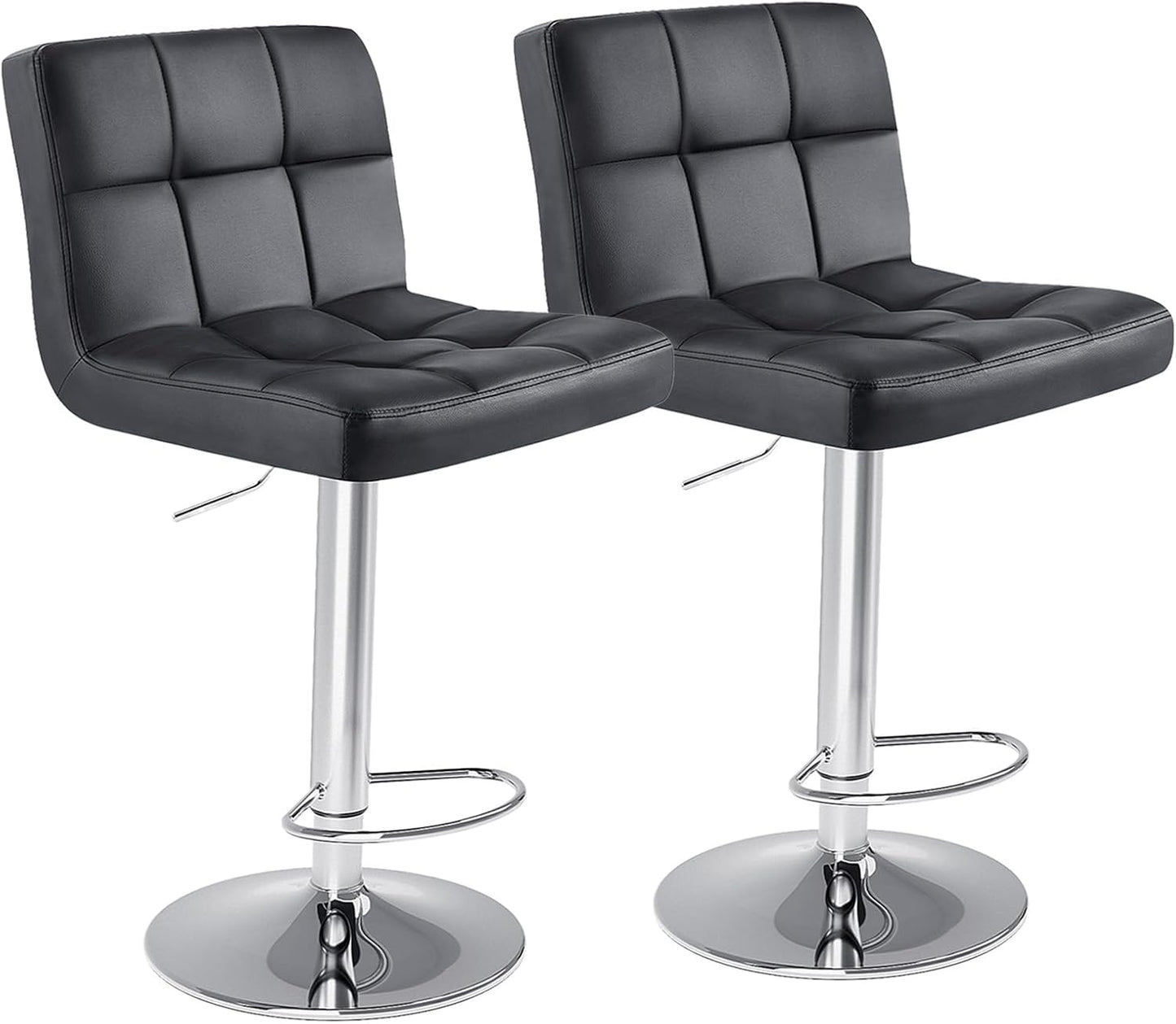 DUMOS Bar Stools Set of 2, Armless Adjustable Swivel Barstools, PU Leather Hydraulic Kitchen Counter Height Bar Stools, Thickened Seat Cushion Square Island Barstools with Back, Dark Black