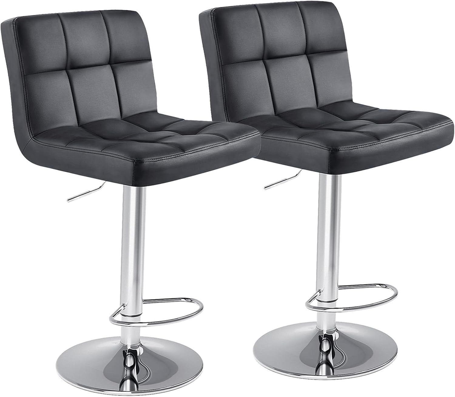 DUMOS Bar Stools Set of 2, Armless Adjustable Swivel Barstools, PU Leather Hydraulic Kitchen Counter Height Bar Stools, Thickened Seat Cushion Square Island Barstools with Back, Dark Black