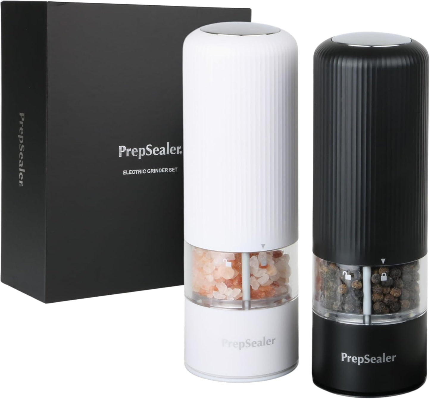 PrepSealer Electric Salt and Pepper Grinder Set, Battery Operated, Led Light, One Handed Operation, Ceramic Adjustable Coarseness (Black and White)