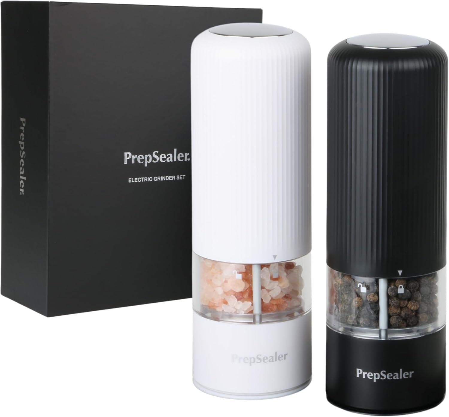 PrepSealer Electric Salt and Pepper Grinder Set, Battery Operated, Led Light, One Handed Operation, Ceramic Adjustable Coarseness (Black and White)