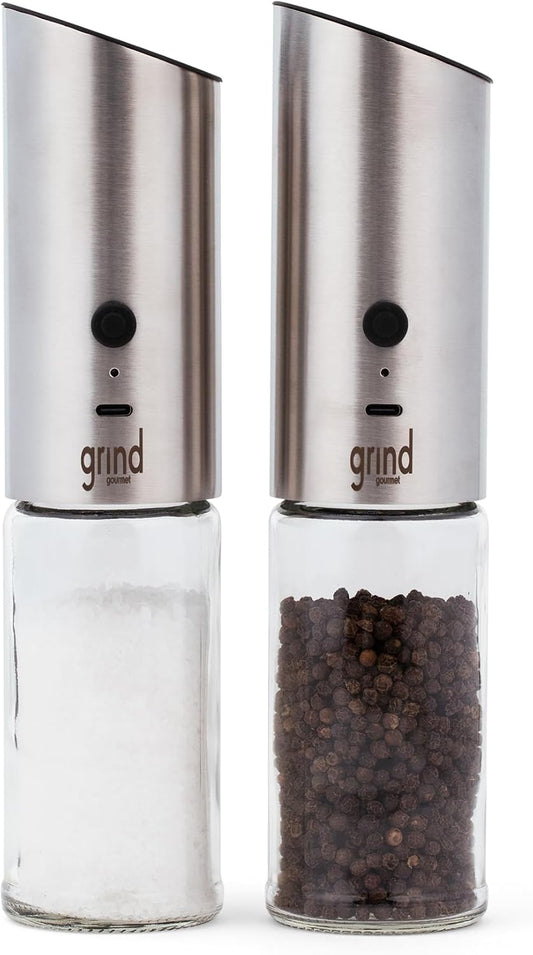 Grind Gourmet Electric Salt and Pepper Grinder Set, Automatic Battery Operated Pepper Mill & Salt Grinder, Adjustable Coarseness, LED Light, Kitchen Accessories & Home Appliances for Cooking