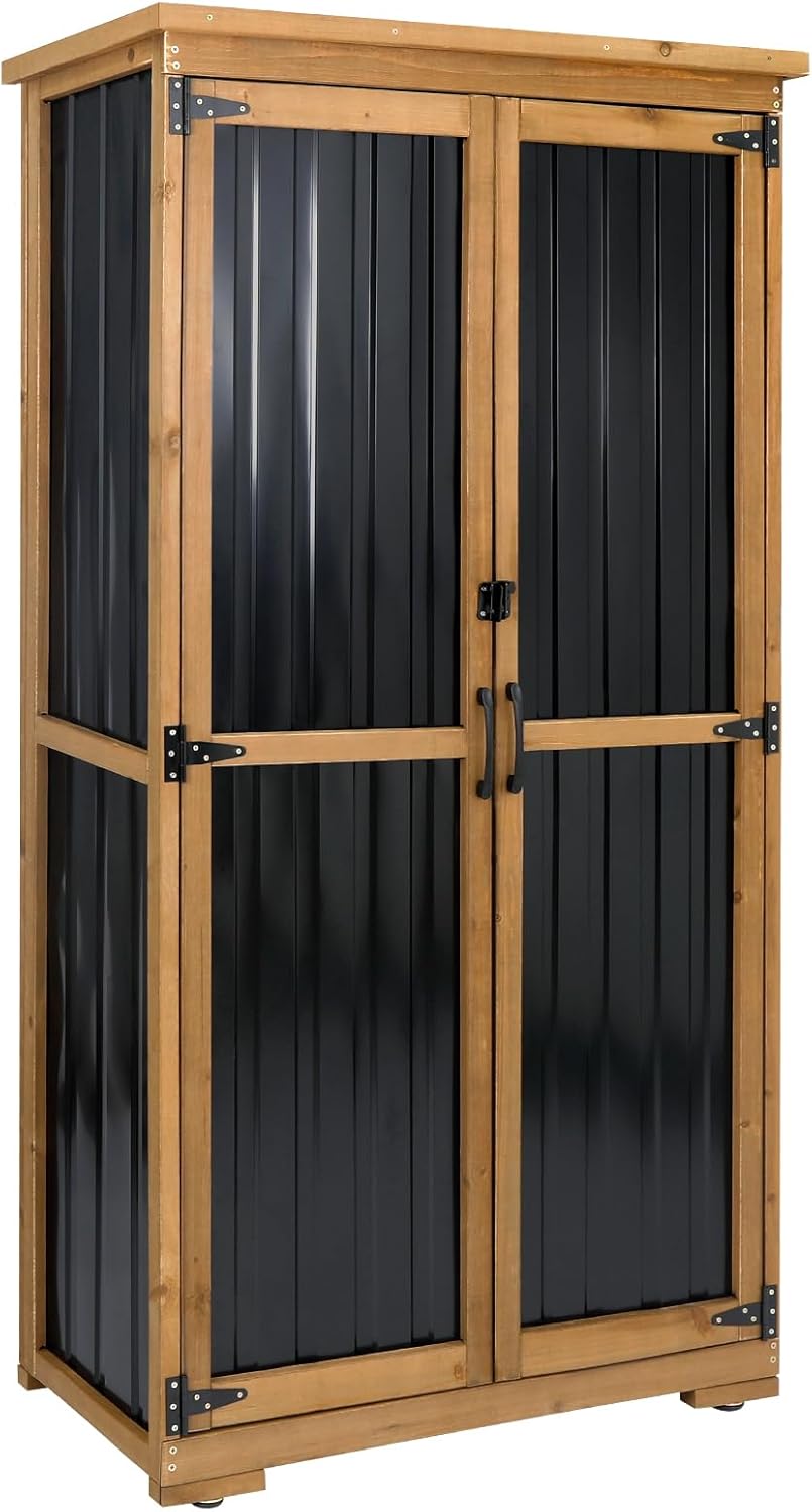 Ketive Outdoor Storage Cabinet, Wood & Metal Tall Tool Shed with Weather-Resistant Roof, Double Lockable Doors, 3 Removable Shelves & Adjustable Feet, for Patio, Garden, Backyard, 32" x 15.5" x 66"