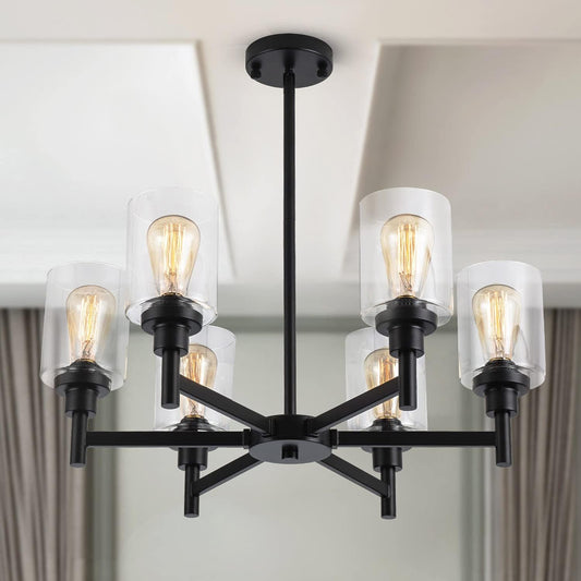 Black Chandelier, 6 Light Farmhouse Chandeliers for Dining Room Light Fixtures Over Table, Industrial Hanging Lighting with Clear Glass Shade for Living Room Kitchen Island Bathroom Entryway Bedroom