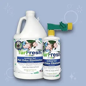 TurFresh BioS+ Artificial Turf Odor Eliminator Value Pack â€“ Yard Deodorizer â€“ Enzyme Concentrate for Pet Urine & Feces â€“ Safe for Kids & Pets â€“ 1 Gallon & 32 oz Bottle Sprayer, Original Scent