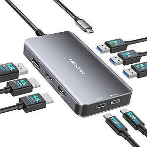 USB C Docking Station Dual Monitor Adapter for Laptop, 8-in-1 Docking Station for 3 Monitors, 4K@60Hz USB C Dock Dongle with 2 HDMI+DP, 5Gbps USB A & C, 100W PD, for MacBook, Dell, HP, Surface