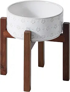 8.2inch Ceramic Raised Dog Bowl Set, Elevated Dog Bowl with Acacia Wood Stand, Food and Water Bowl for Large Breed Dogs, Weighted Pet Dishes(60oz, Arctic White)