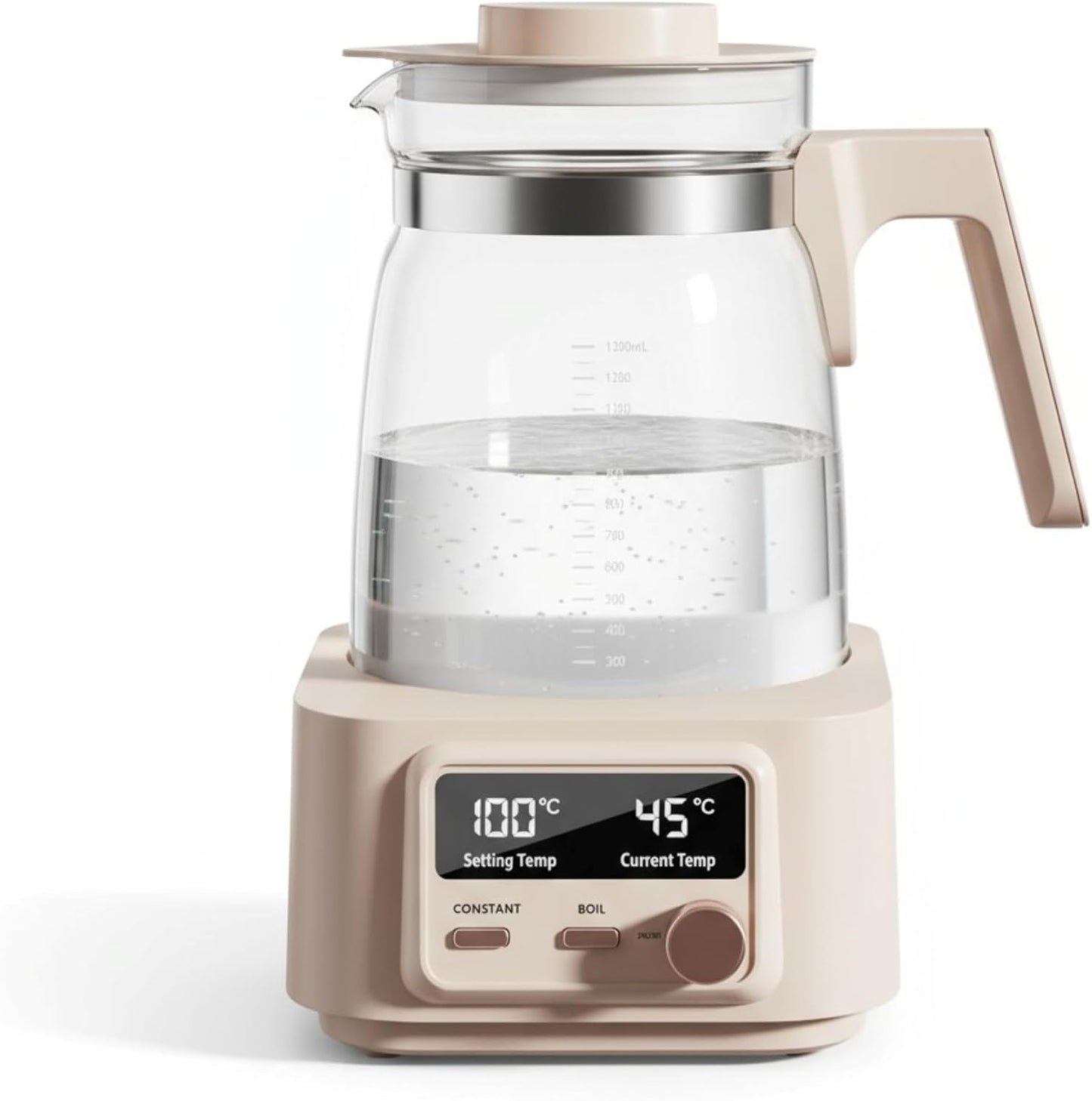 Babysmooth Smart Kettle Pro Electric Glass Kettle, 1.3L Capacity, Digital LED Display, Temperature Control 40-100°C, Auto Keep Warm Function, Silent Operation, Beige, for Tea and Coffee Brewing