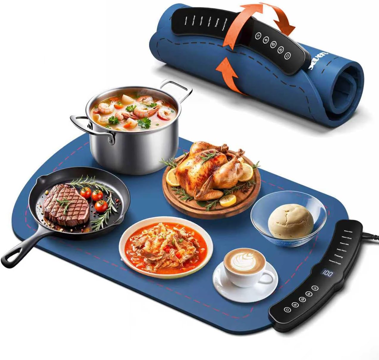 Warming Mat for Food, Food Warming Mat with 7 Temp Master Aadjustable Warming Tray, Thermochromic Line, Roll Up Buffet Hot Plates Heat Pad Full Sized Electrical