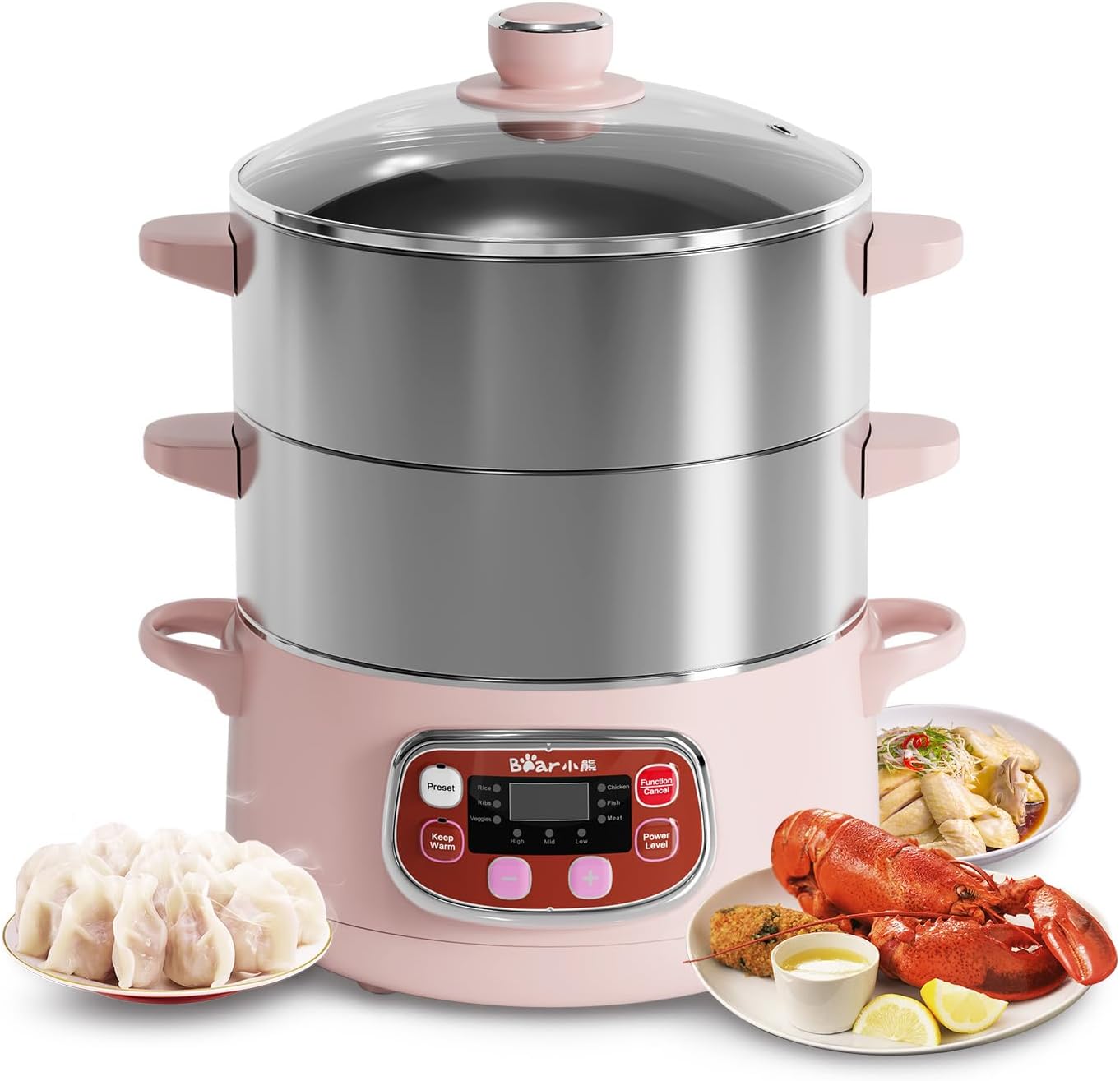 Bear Electric Food Steamer,Stainless Steel Digital Steamer, 3 tier 8L Large Capacity Vegetable Steamer, Auto Shut-off & Anti-dry Protection, DZG-A80A2,1200W