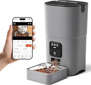 PAPIFEED Automatic Cat Feeder with Wide-Angle Camera, WiFi Pet Feeder with APP Control for Remote Feeding, Detachable for Easy Clean, Dual Power Supply,1-10 Meals Per Day for Multiple Pets(Gray)