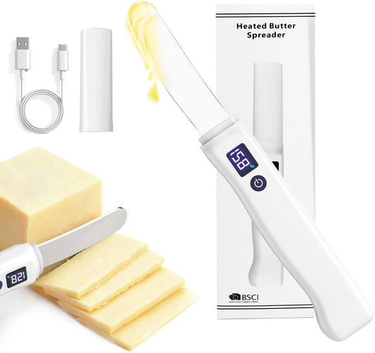 Heated Butter Knife, Electric Butter Spreader with Smart LED Display & 2 Heat Settings (131°F/158°F) - Rechargeable USB Warming Knife for Hard Butter, Cheese, Peanut Butter, Ice Cream & Honey