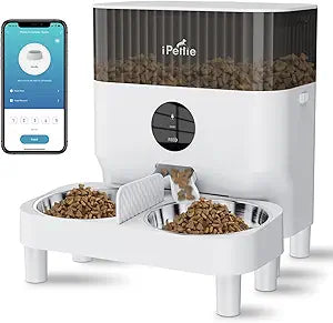 iPettie Automatic WiFi Pet Feeder for 2 Pets, 5L/21 Cup Capacity, 1-10 Meals Per Day, Adjustable Bowl Height, Smart Dog Cat Feeder with 2 Stainless Steel Bowls, Voice Recording, 2.4G WiFi App Control