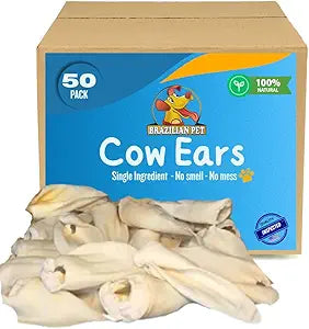 Brazilian Pet 100% Natural Real Cow Ears (50 Pack) Prime Dog Chews, Over 5 inches Free Range Grass Fed Cattle, No additives, Chemicals or Hormones