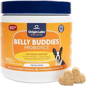 Origin Labs Belly Buddies - Probiotics for Dogs - Prebiotics & Probiotics - Supports Gut, Skin, and Immune Health - 5 Billion CFUs 7 Strain Probiotic Blend - Natural Bacon Flavor, 90 Soft Chews
