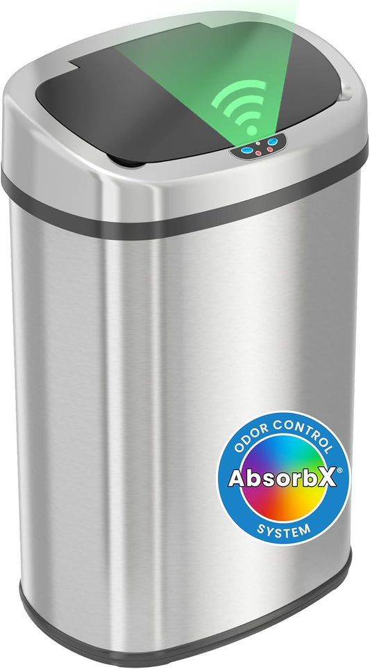 iTouchless SensorCan 13 Gallon Kitchen Trash Can with Lid & Odor Filter \u2013 Motion Sensor Stainless Steel Garbage Bin for Home, Office, or Garage \u2013 Slim Oval Shape, Large Capacity Design
