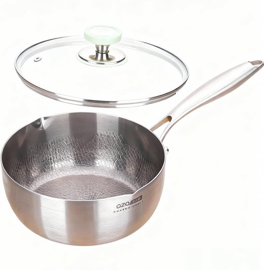 Titanium Saucepan with Lid, Non-Stick Titanium Pot, 500°F Heat Resistant, Fast & Even Heating, Universal Induction Gas Electric Glass Halogen Cooktops, Dual-Pour Spouts Design（1.5 QT)