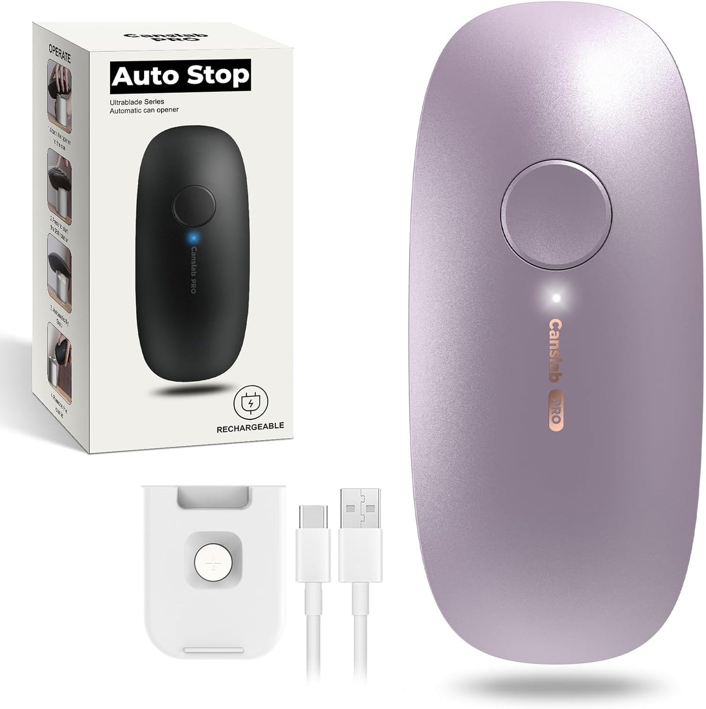 Canslab Ultrablade PRO - USB Rechargeable Electric Can Opener for Kitchen for Seniors with Arthritis- Auto Stop One touch Automatic Can Opener, Smooth Edge, Small Size Can Opener, Purple