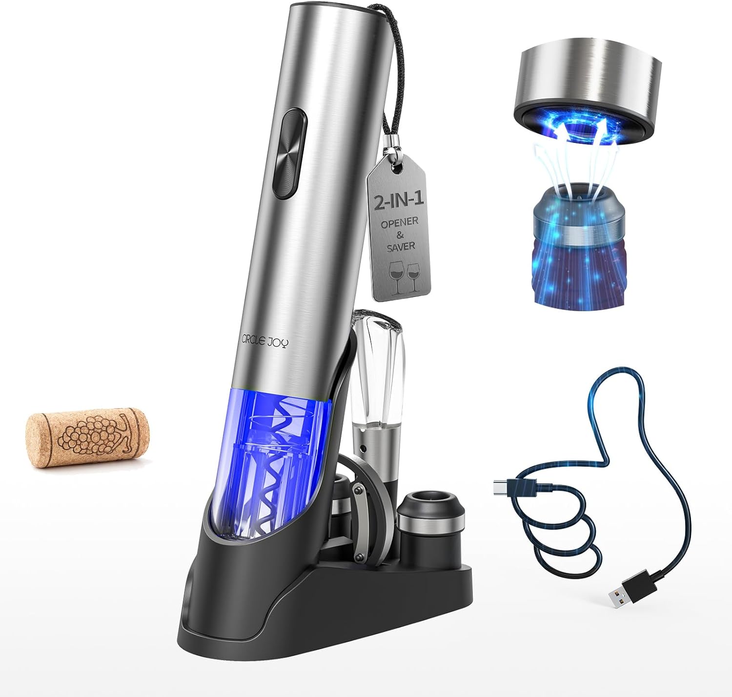 CIRCLE JOY Electric Wine Opener 7-in-1 Stainless Steel Rechargeable Electric Wine Bottle Opener Gift Set with Automatic Vacuum Pump, Foil Cutter, Wine Pourer, 2 Vacuum Stoppers & Charging Station