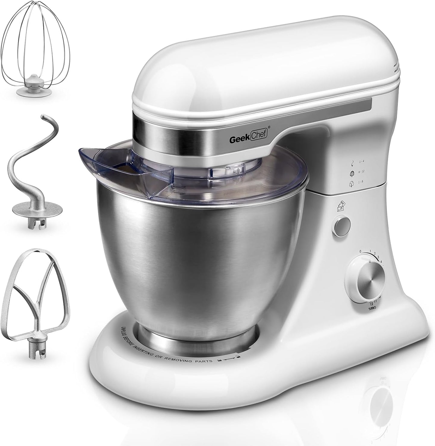 White Kitchen Electric Stand Mixer with Bowl, Small Dough Mixer, Household Cake Mixers with Dough Hook, Standing Food Mixer, 4.8QT 12 Speeds Tilt-Head Food Mixer Rotary Knob with Whisk Beater (White)