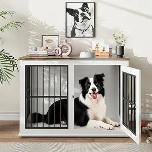 Dog Crate Furniture, 39.7" White Wooden Kennel, Heavy Duty Indestructible Dog Cage with Liftable Top Panel, Decorative Pet Crate House End Table TV Stand for Large Breed Medium Small High Anxiety Dogs