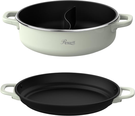 Rosewill 12.7 QT Electric Hot Pot Accessory Kit 2 pcs, Includes Dual-Sided Hot Pot and Shallow Fry Pan, with easy-to-carry Handle and Non-stick Coating - Light Green