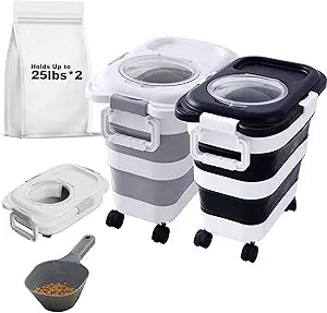 2pack 25 lbs Dog Food Storage Container,Collapsible Dog Food Container with Scoop,Pet/Dog/Cat/Bird Food/Cat litter Storage Containers to Keep Dry,Easy to Move.(Black+white)