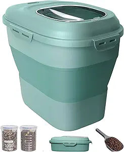 30-35 Lbs Dog Food Storage Container Collapsible Dog Food Container with Airtight Lids, Wheels, Scoop and 2pcs Food Storage Containers, Large Pet food storage for Dog, Cat (Green)