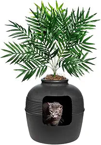 Good Pet Stuff Hidden Cat Litter Box Enclosure with Artificial Plant, Decorative Round Planter, Vented Carbon Charcoal Filter for Odor Control, Easy-to-Clean, Made in USA, Base Kit, Black