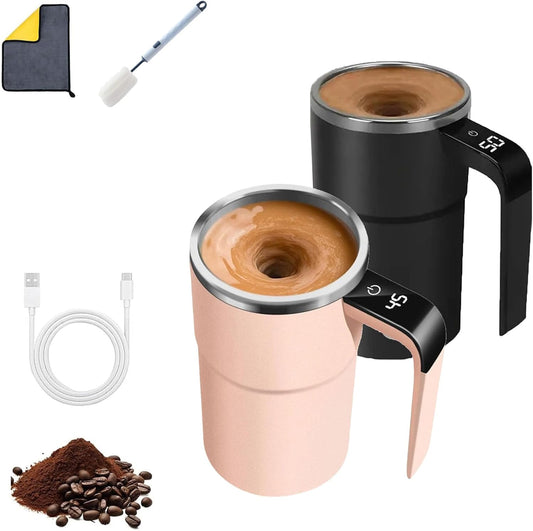 Electric Coffee Mug with a Built-in LCD, Magnetic Auto Mixing Travel Mug with Lid, 13oz Stainless Steel Cup with Temperature Display (1 pcs Black+1 pcs Pink)