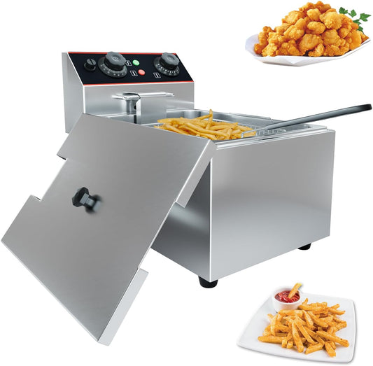 6 L(6.5QT) Commercial Electric Deep Fryer with 1 Baskets, 1500W Stainless Steel Deep Fryer for Home Use, Adjustable Temperature, Perfect for Kitchen