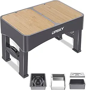 3-in-1 Elevated Dog Bowls Slow Feeder, 4 Height Adjustable Raised Dog Bowl with 2 Pcs Wooden Lids, No Spill Water Bowl Dispenser, Stainless Steel Pet Food Bowls for Medium Dogs